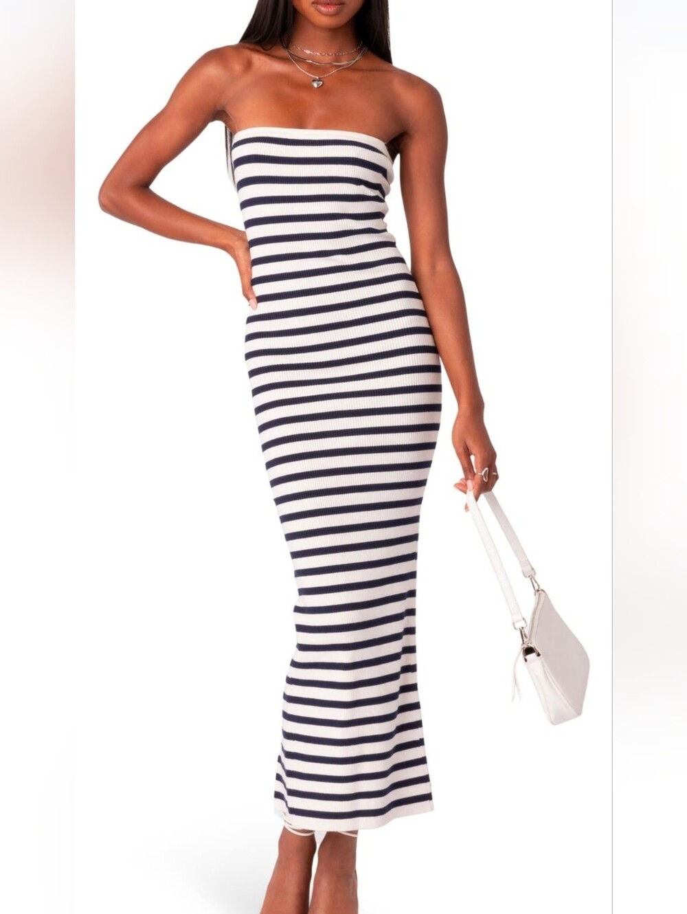 Edikted Stripe Strapless Ribbed Sweater Dress | Size Medium
